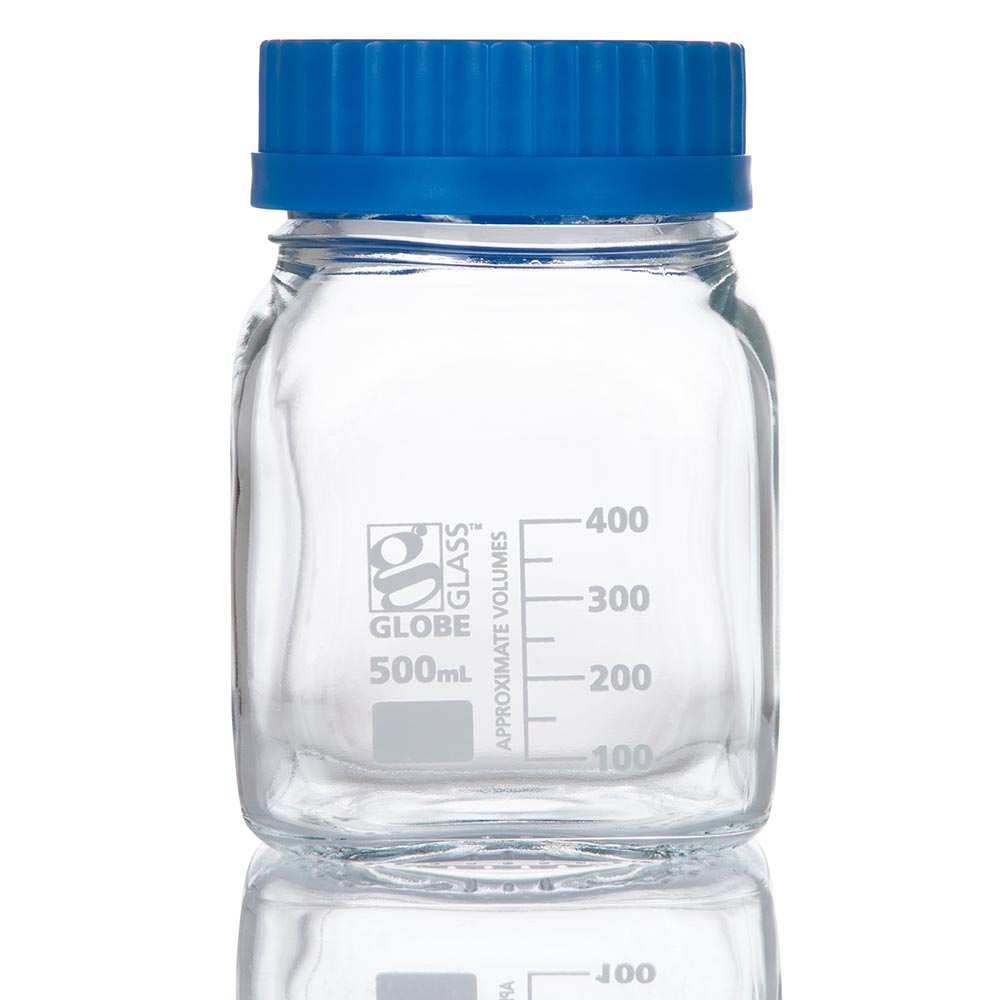Globe Scientific Bottle, Square Media, Wide Mouth, Globe Glass, 500mL, GL80 Screw Cap, 10/Box Media bottle;500ml square media bottle;glass media bottles